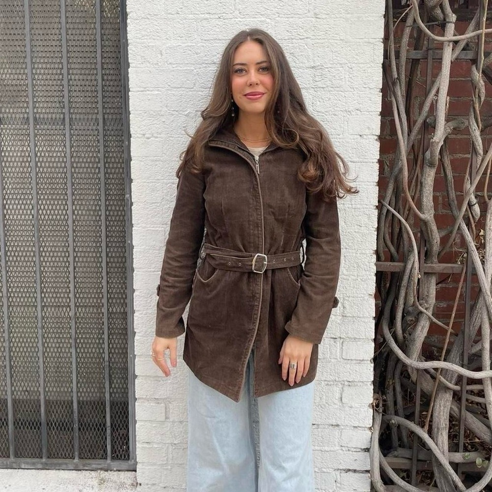 Vintage retro Brown corduroy trench coat belted jacket sz s